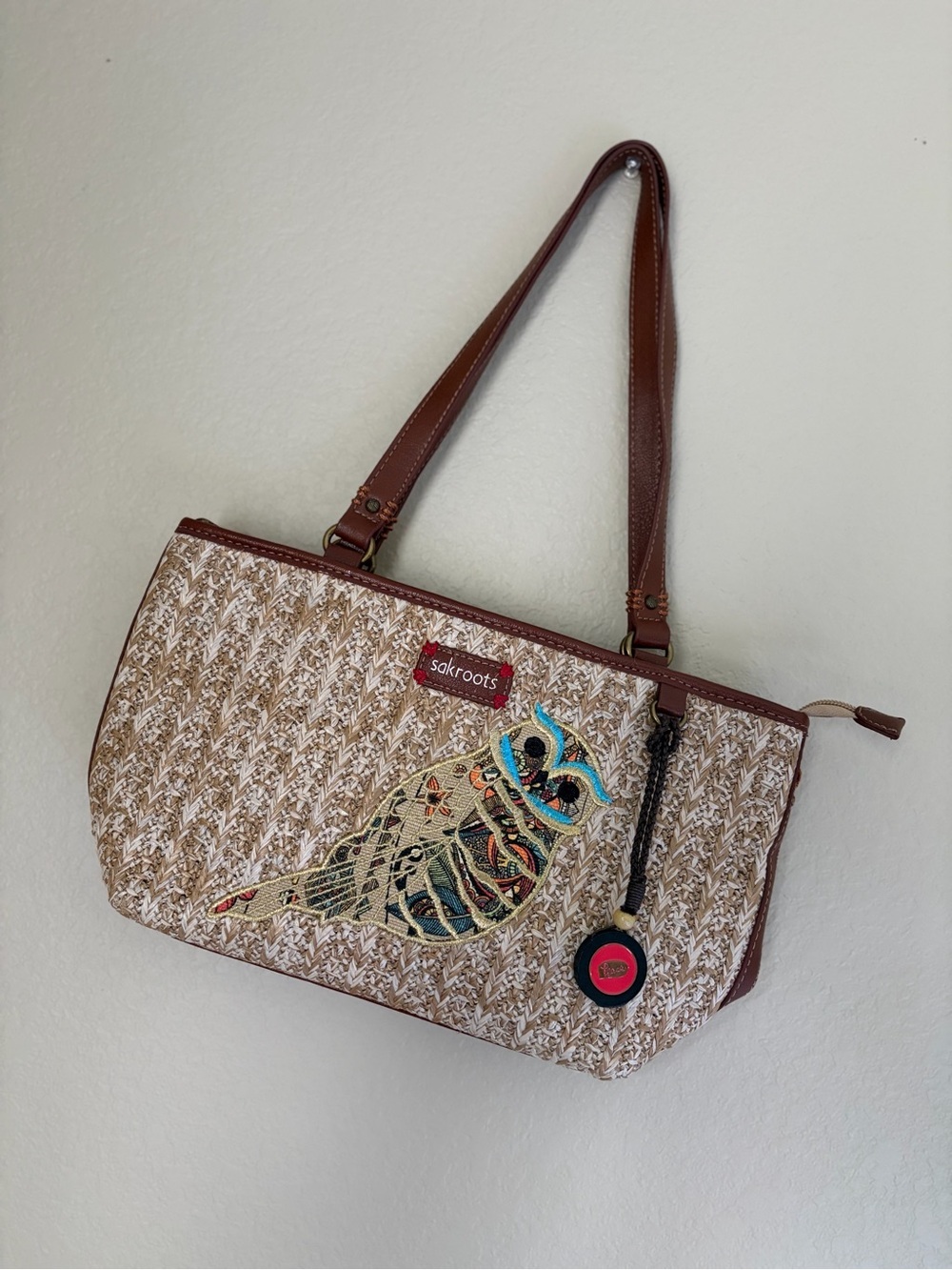 Sakroots Owl Straw Tote Shoulder Bag Woven Raffia Peace Charm Boho - Picture 5 of 15